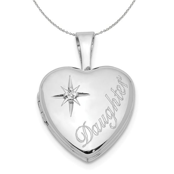 12mm Daughter Diamond Heart Locket in Sterling Silver Necklace - 16 In